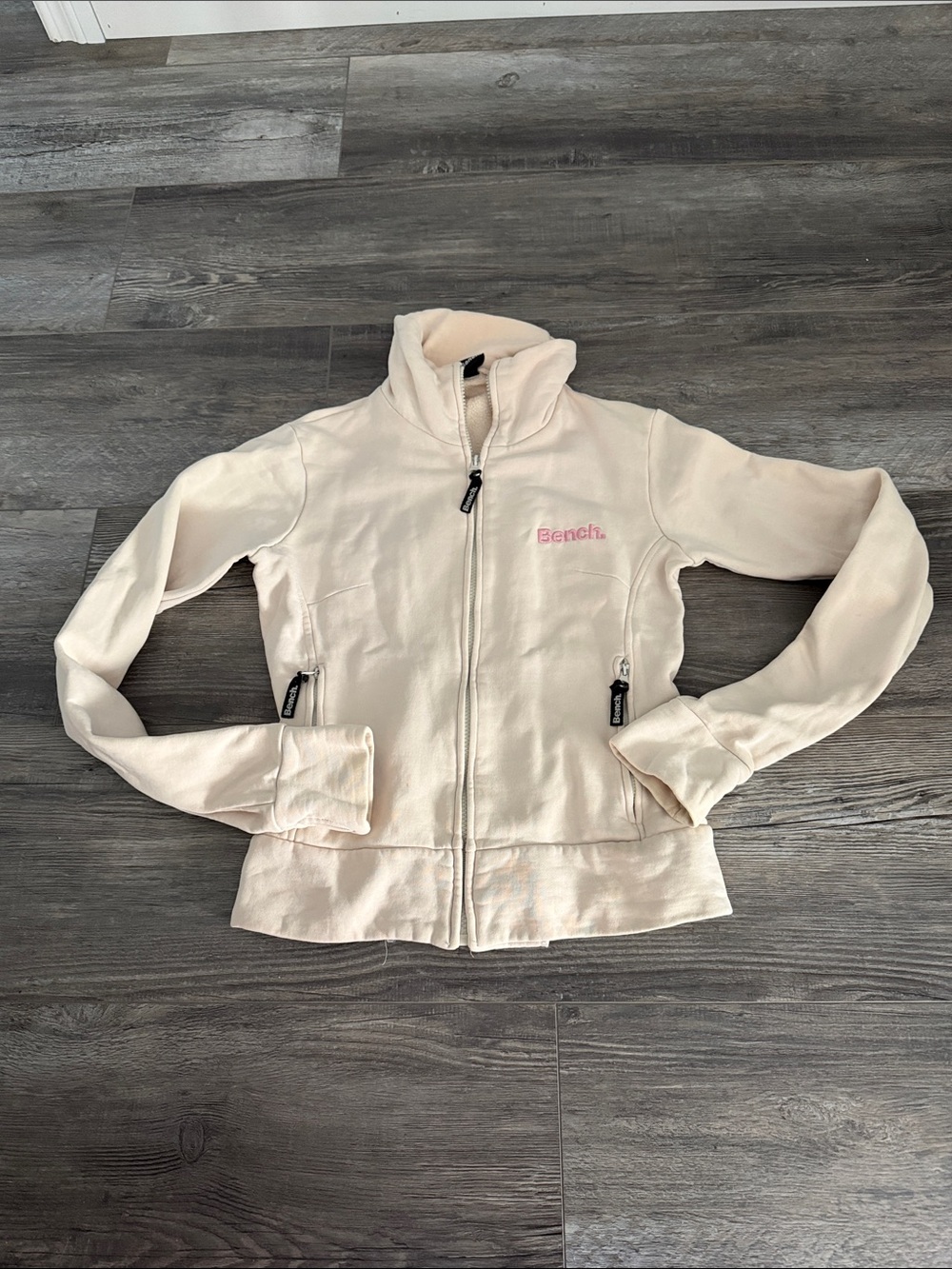 Bench Women's Cream Full-Zip Teddy Jacket with Pink Logo